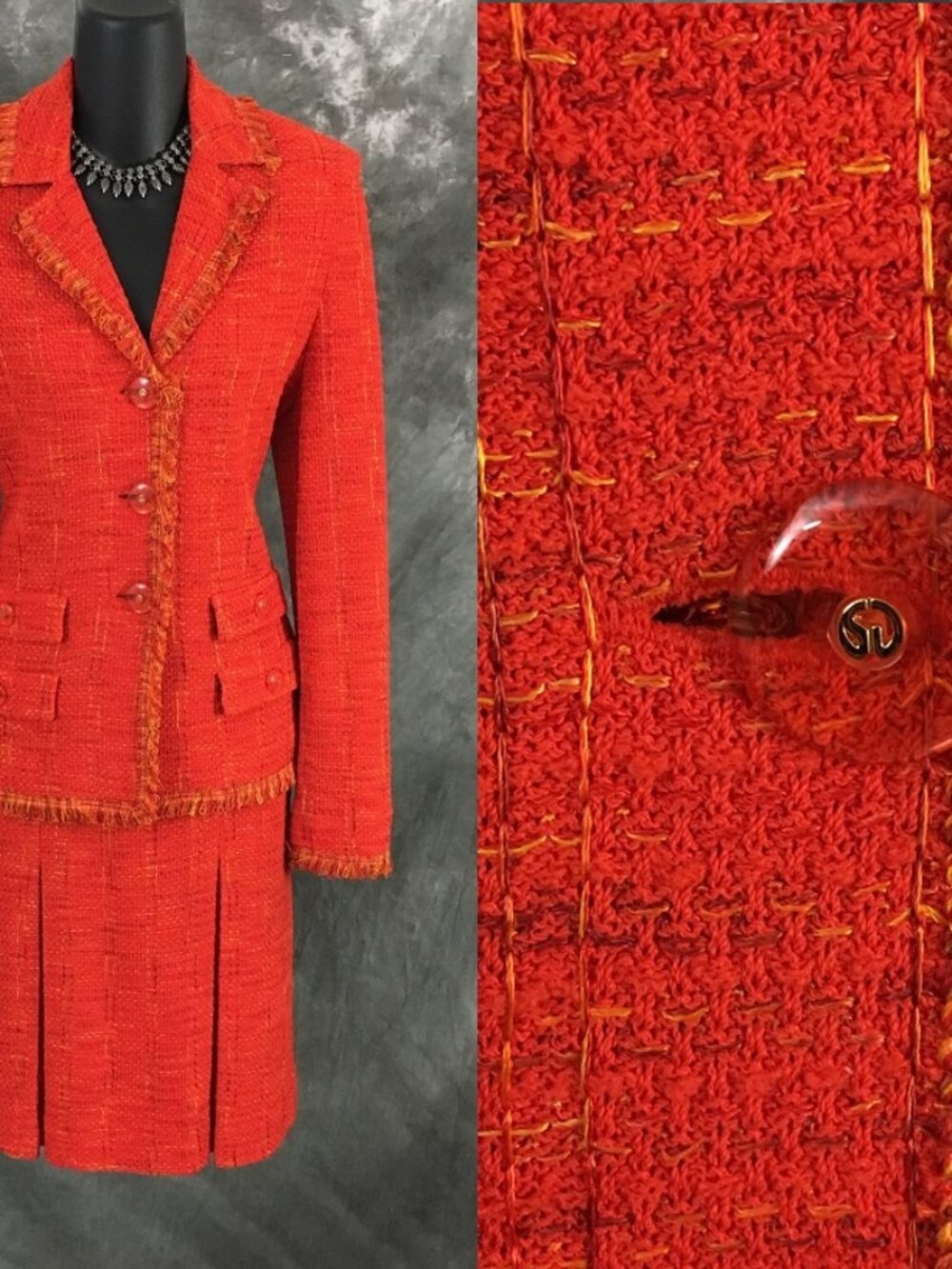 BEAUTIFUL St John couture knit orange multi jacket skirt suit size 4